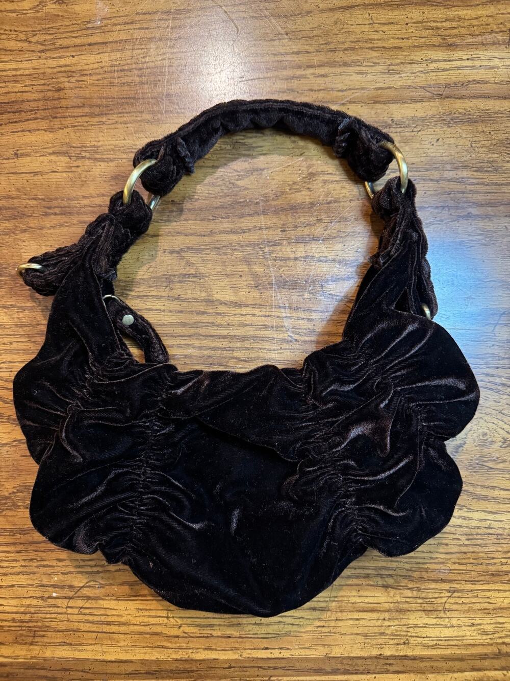 Vintage Paradox Brown Crushed Velvet Ruched Handbag Gold Ring Hobo Purse
